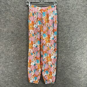 So Pants Women XS Pink Floral Chino High Rise Flat Front Rayon Pull On Casual